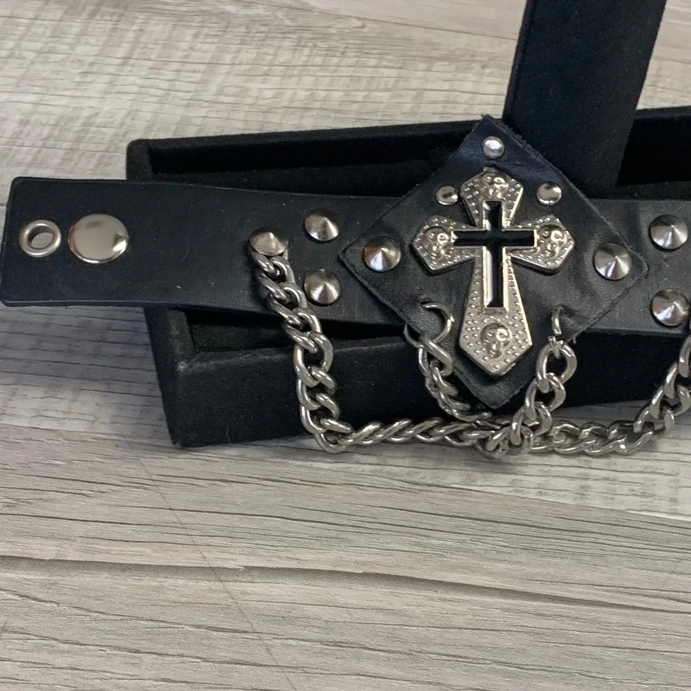 Black Leather Cross Skull Spike Chain Cuff Bracelet Gothic Punk Biker Adjustable